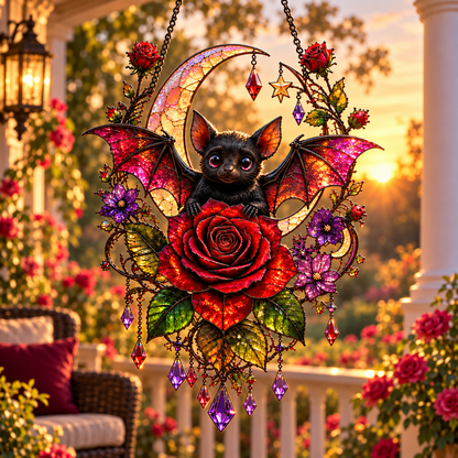 🦇🌹 Midnight Romance – Gothic Bat & Rose Crescent Moon Window Suncatcher ✨