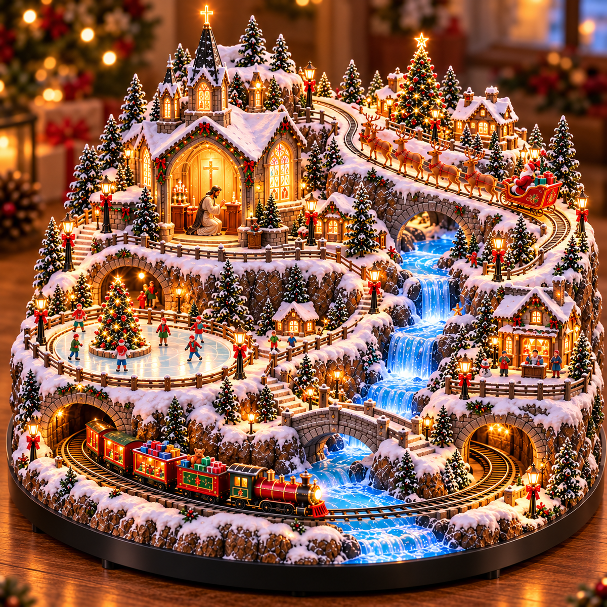 🚂✨ Lighted Christmas Village with Moving Train, Glowing Waterfall & Reindeer Sleigh – 49% OFF 🎄