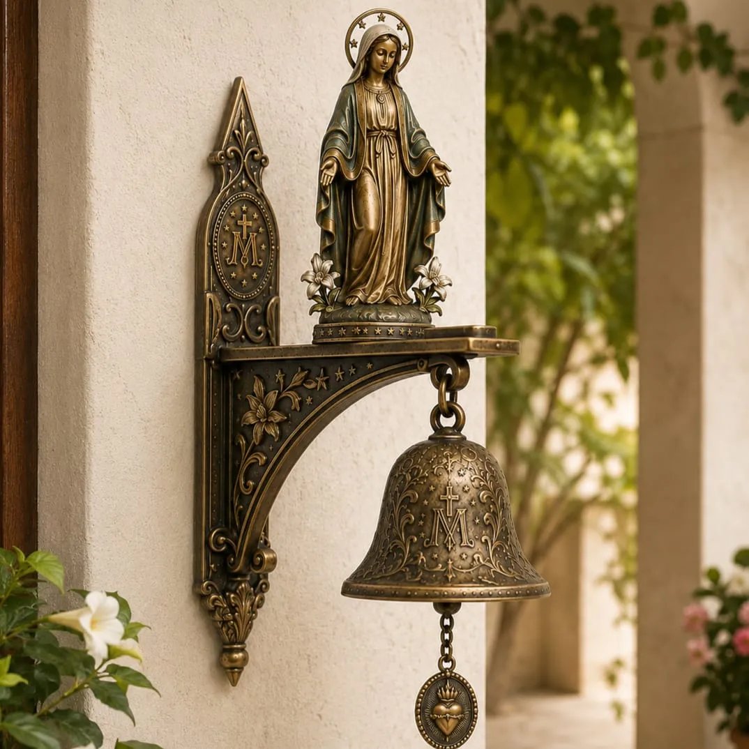✨ Our Lady of Grace Bronze Miraculous Medal Wall Bell | 🙏Catholic Religious Home & Garden Decor"