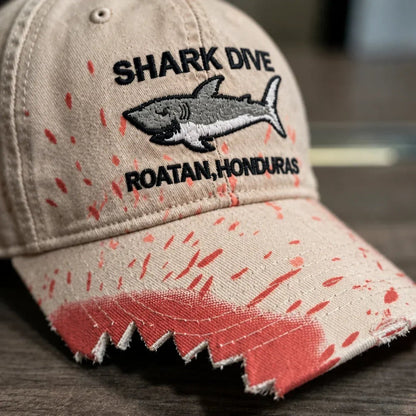 🎉🦈 Shark Bite Baseball Cap | Embroidered Shark • Bite-Shaped Frayed Brim
