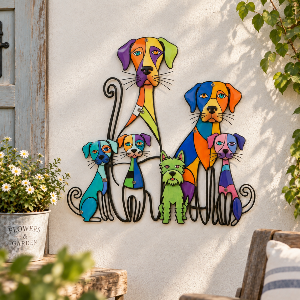 Colorful Dog Family Metal Wall Decor displayed on a bright wall