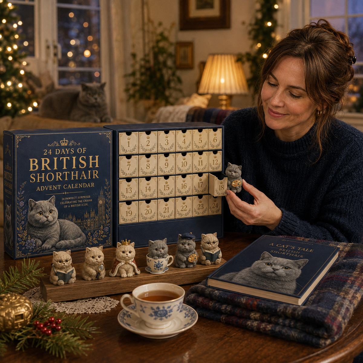British Shorthair Advent Calendar Christmas home scene
