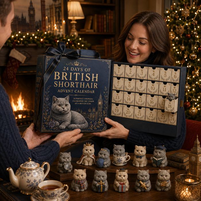 British Shorthair Advent Calendar Christmas gifting scene