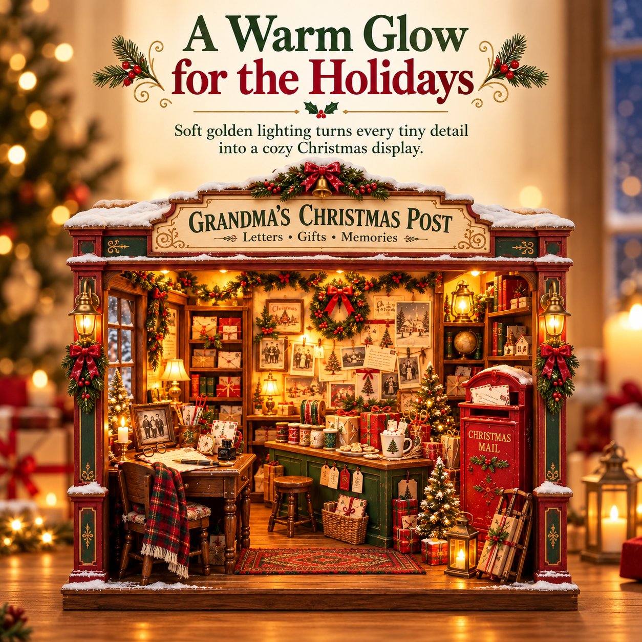 Grandma's Christmas Post miniature warmly illuminated with golden LED lamps, lanterns and festive interior details
