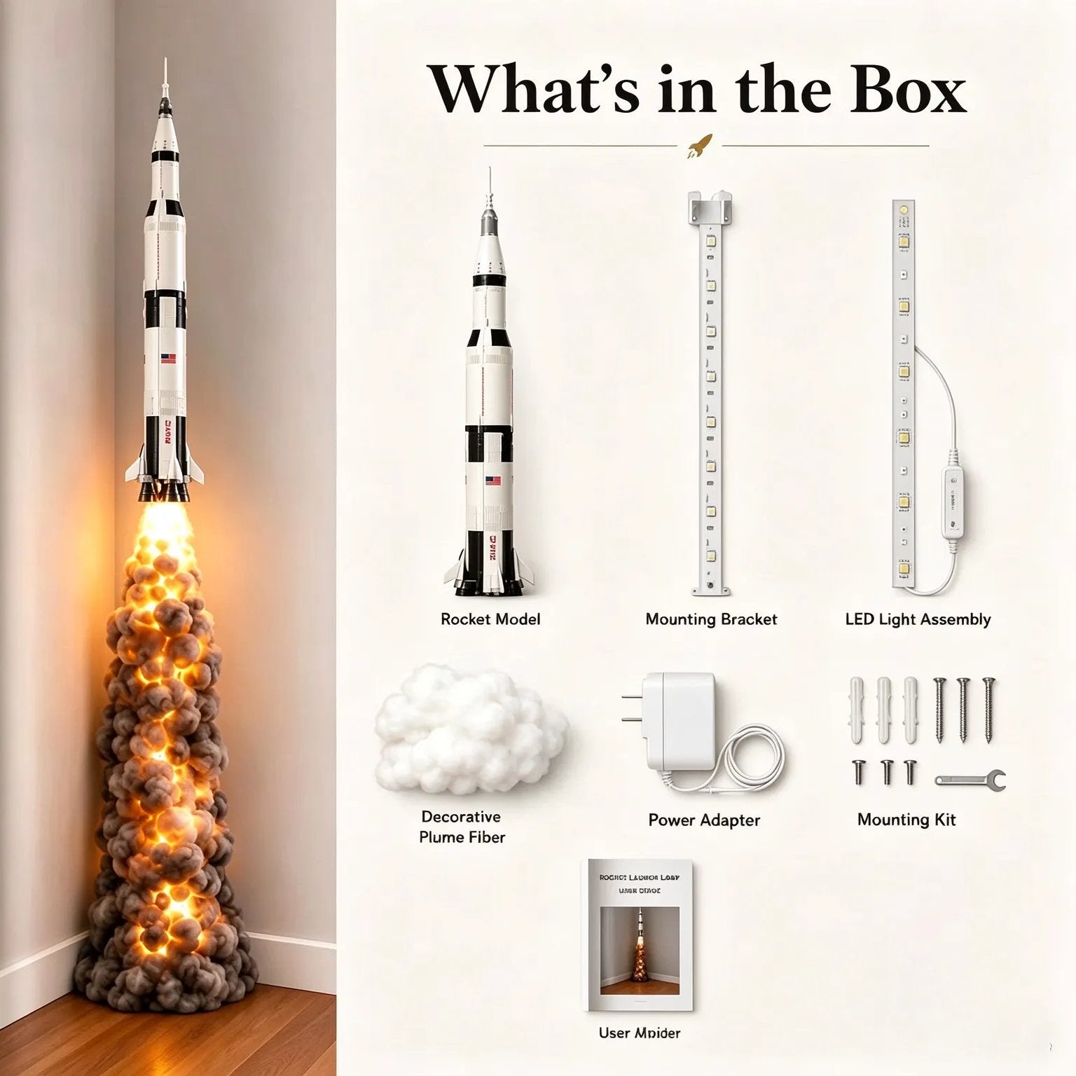 Rocket Launch Cloud LED Floor Lamp components including rocket, bracket, LEDs, cotton plume, power adapter and mounting hardware