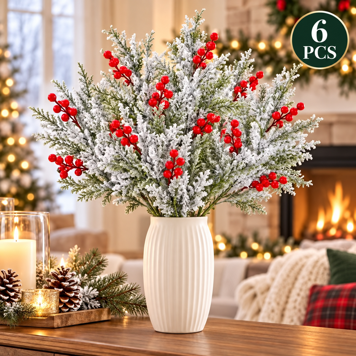 ❄️ Snow-Frosted Christmas Greenery & Red Berry Stems – Elegant Winter Home Decor 🎄