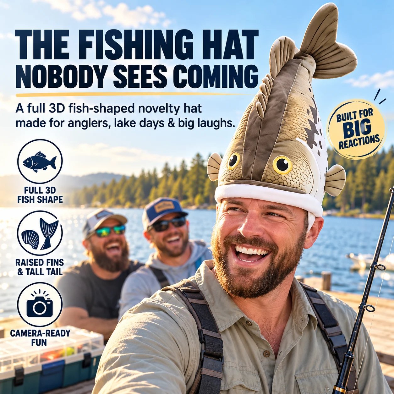 Angler smiling at the lake while wearing a tall three-dimensional fish costume hat