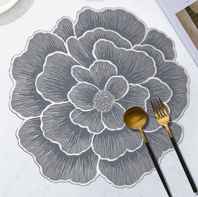 Nordic Style Metallic Peony Flower PVC Placemat Heat Resistant Non Slip Waterproof Dining Table Mat 38cm