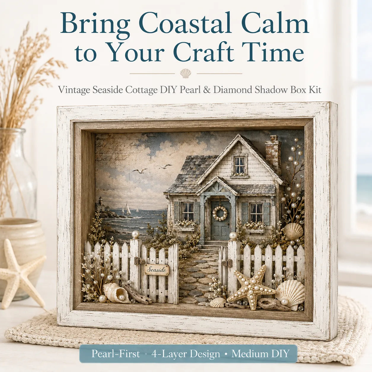 Vintage Seaside Cottage Pearl Diamond Shadow Box DIY Kit