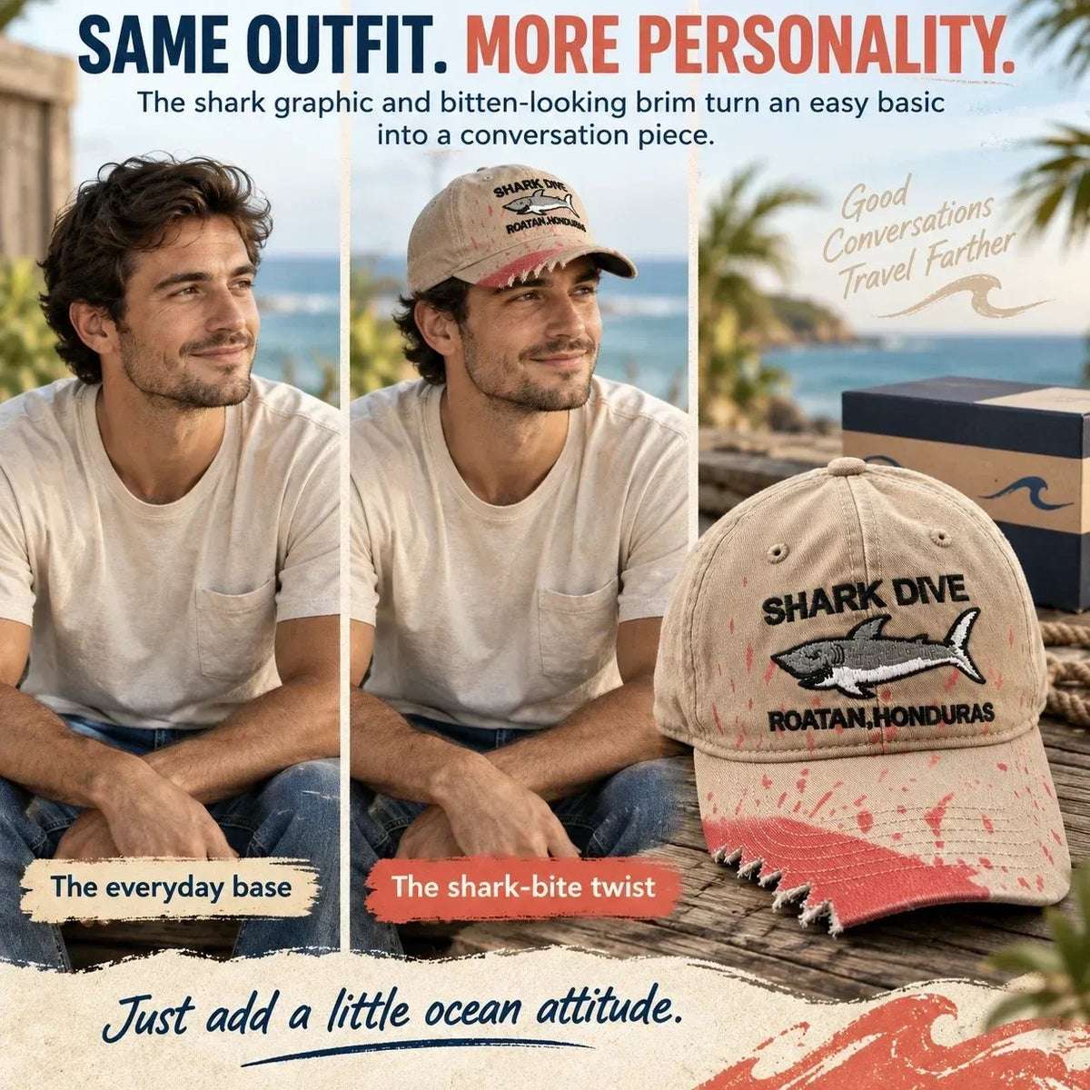 🎉🦈 Shark Bite Baseball Cap | Embroidered Shark • Bite-Shaped Frayed Brim