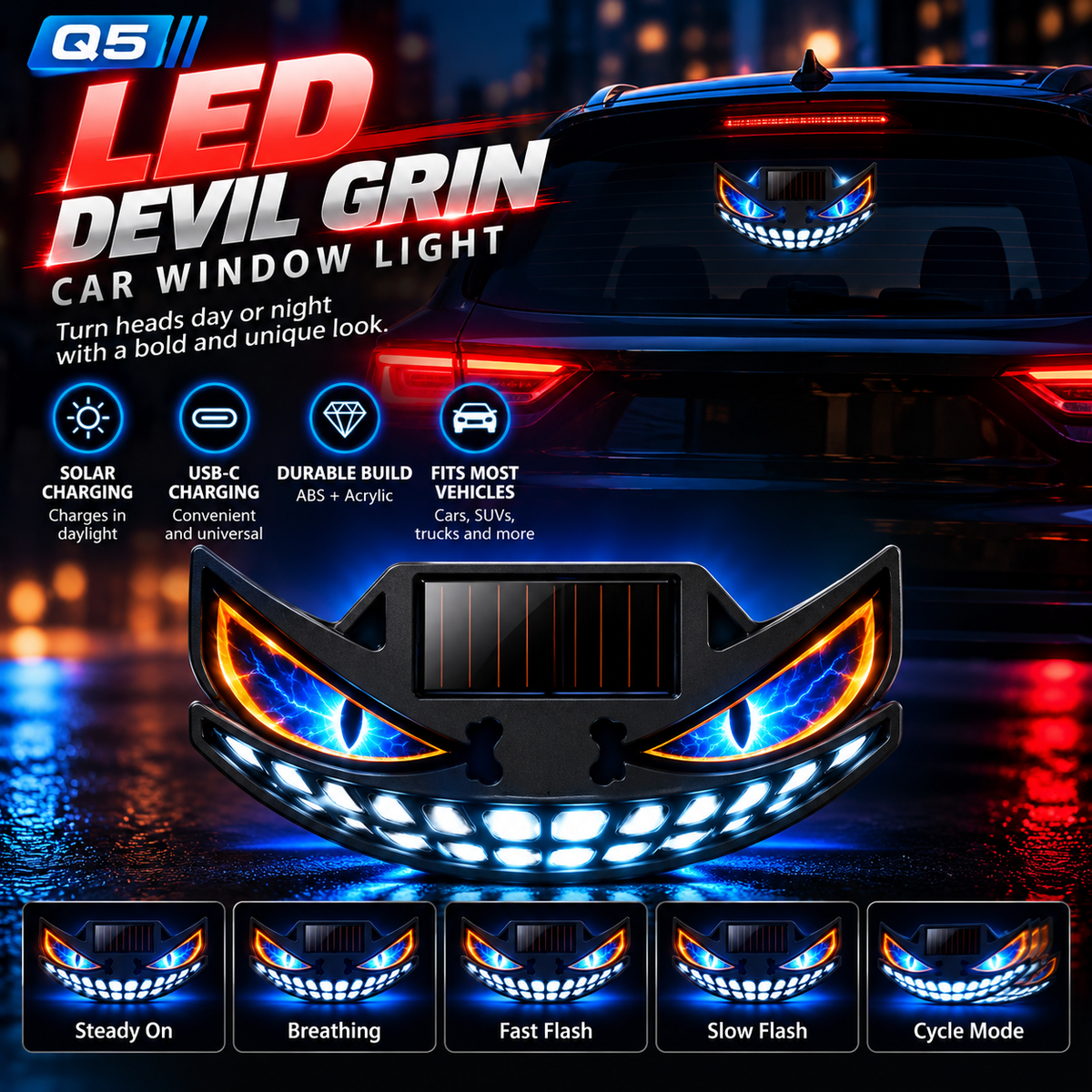 😈🚗 Devil Grin LED Car Window Light – Solar + USB-C Rechargeable Window Glow