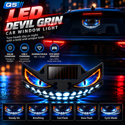 😈🚗 Devil Grin LED Car Window Light – Solar + USB-C Rechargeable Window Glow