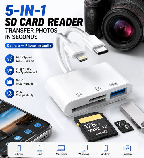 💥 50% discount🔌 5-in-1 SD Card Reader for iPhone & USB-C – Fast Photo & Video Transfer Adapter