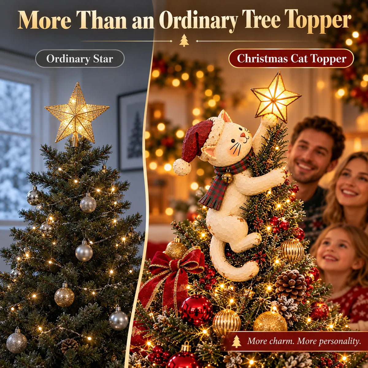 🐱 Light-Up Christmas Cat Tree Topper – Cute Climbing Kitty Holding a Glowing Star ⭐🎄