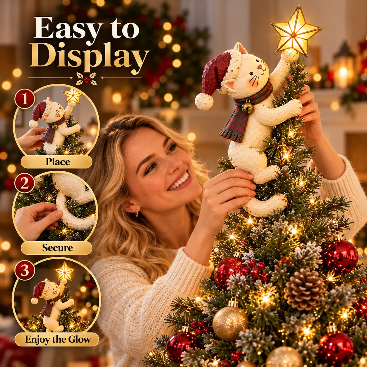 Woman positioning and securing a climbing cat tree topper at the top of a decorated Christmas tree