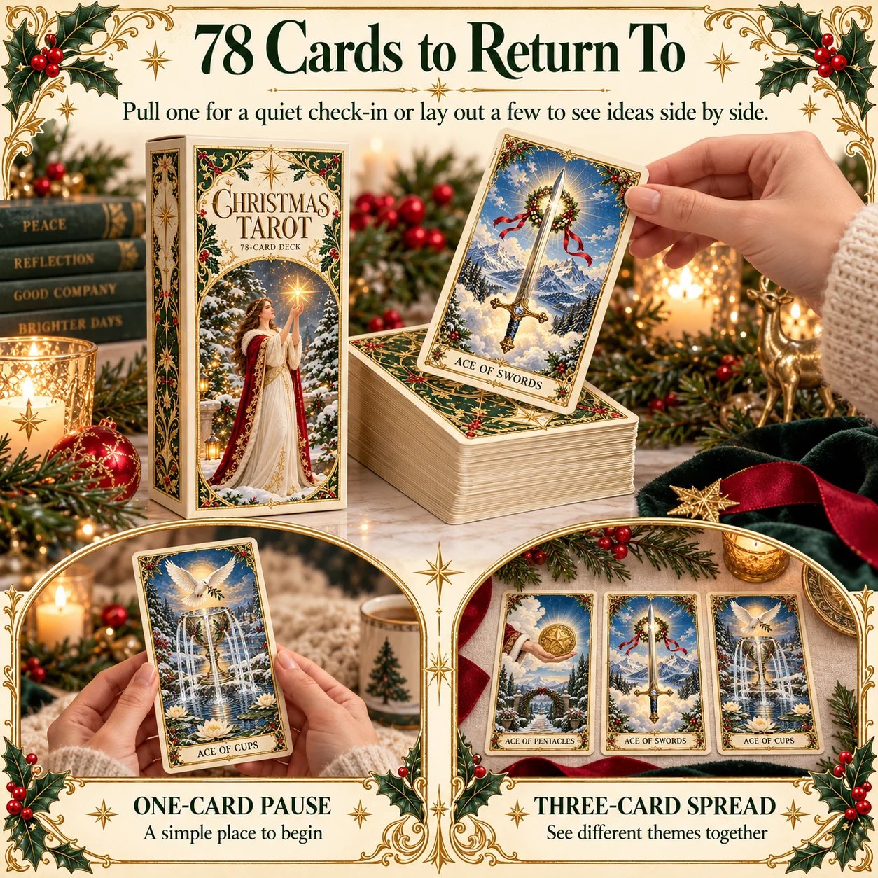 One card and three card Yuletide Tarot reading arrangements
