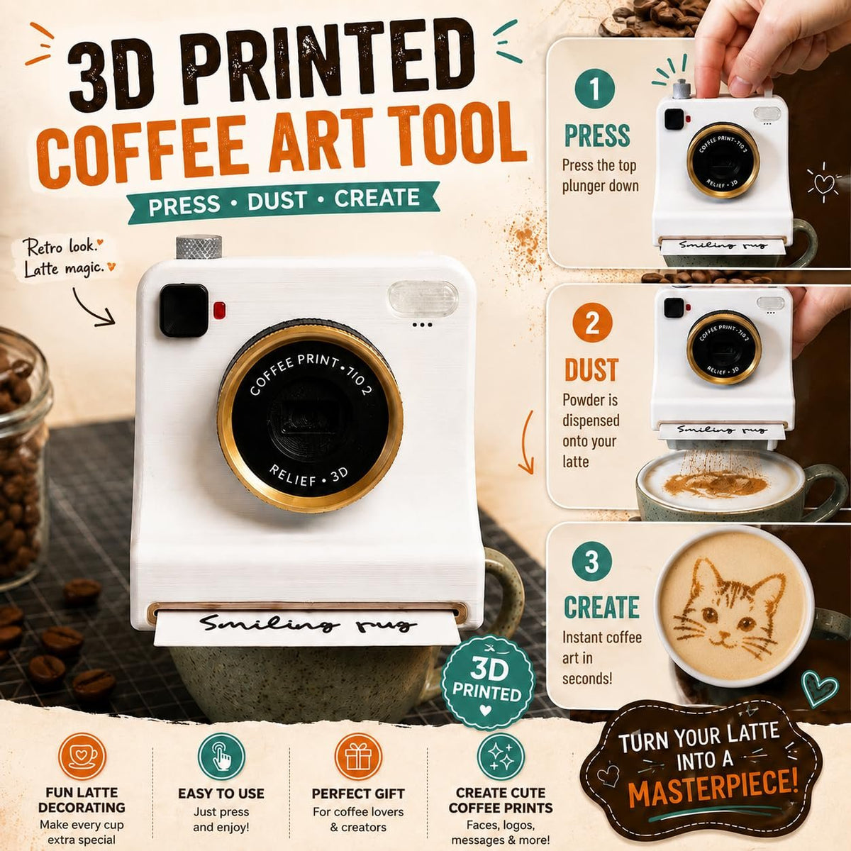 3D Printed Latte Art Camera + 4 Stencil Set