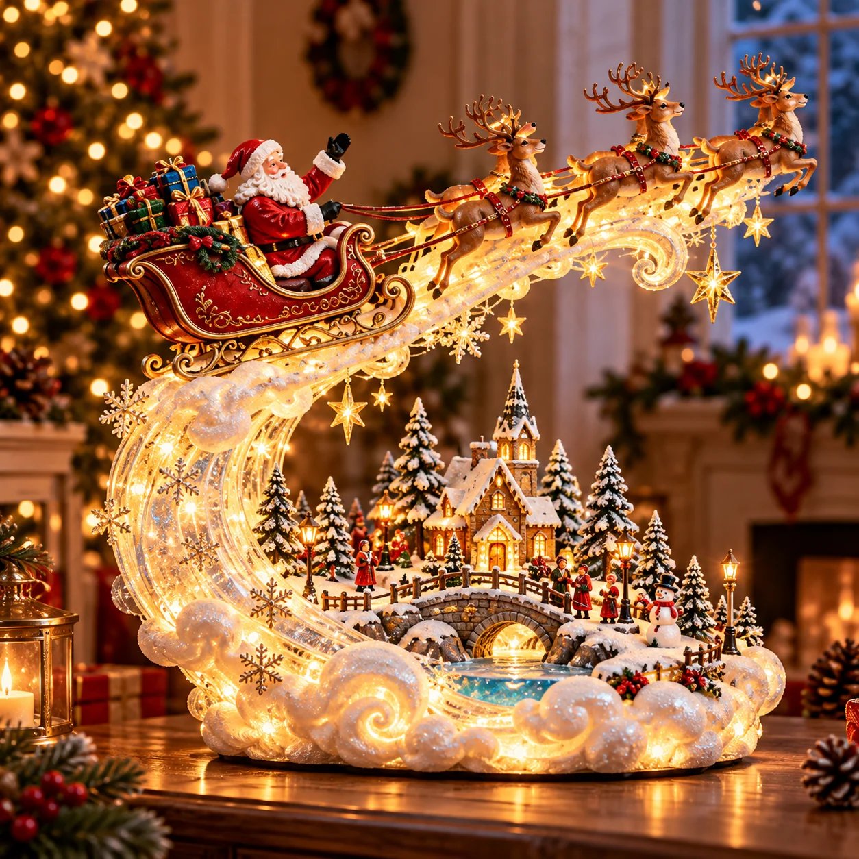 Starlit Sleigh Flight style with Santa and reindeer above a glowing Christmas village