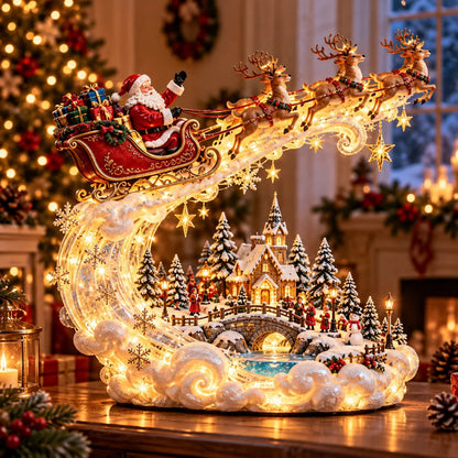 Starlit Sleigh Flight style with Santa, reindeer, a golden illuminated trail and Christmas village