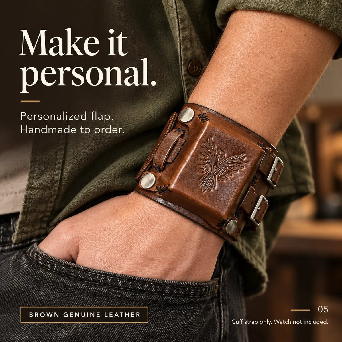 Leather Cuff Watch Strap with Personalized Flap, Brown Wide Handmade Watch Band for Apple