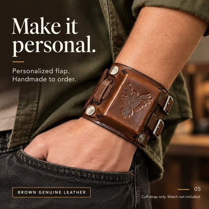 Leather Cuff Watch Strap with Personalized Flap, Brown Wide Handmade Watch Band for Apple