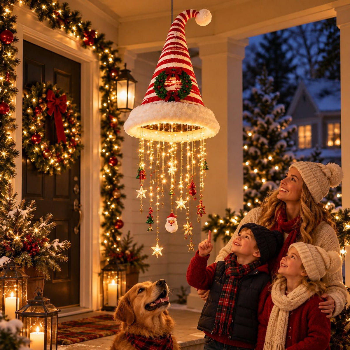 🎄 Hanging Santa Hat LED Tree Lights – Cascading Christmas Glow for Festive Holiday Decor 🎅
