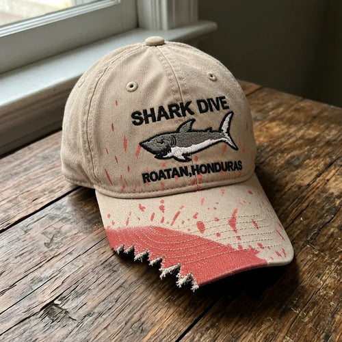 🎉🦈 Shark Bite Baseball Cap | Embroidered Shark • Bite-Shaped Frayed Brim
