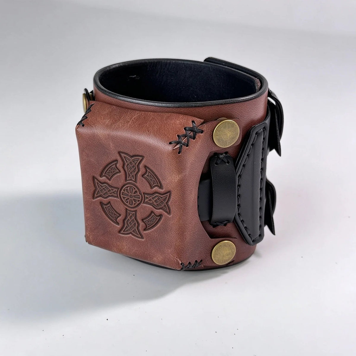 Leather Cuff Watch Strap with Personalized Flap, Brown Wide Handmade Watch Band for Apple