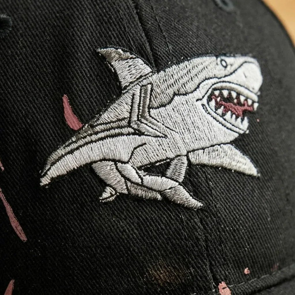 🎉🦈 Shark Bite Baseball Cap | Embroidered Shark • Bite-Shaped Frayed Brim
