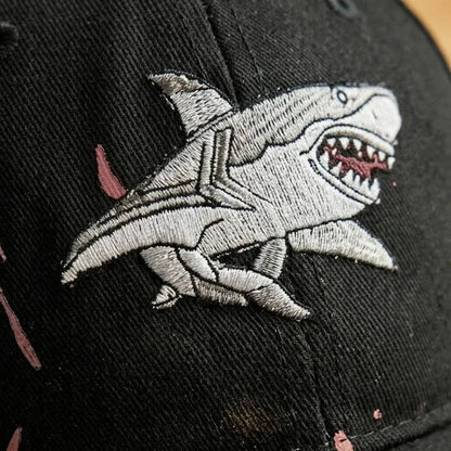 🎉🦈 Shark Bite Baseball Cap | Embroidered Shark • Bite-Shaped Frayed Brim