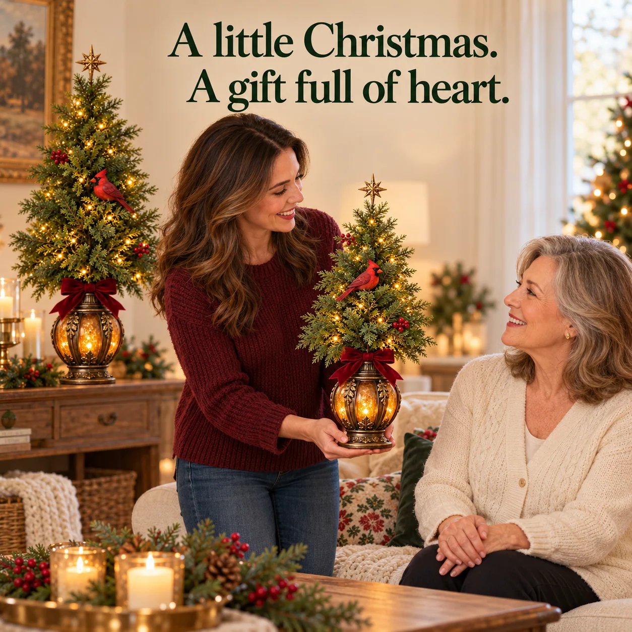 Woman gifting a glowing Cardinal Christmas tree decoration to her mother