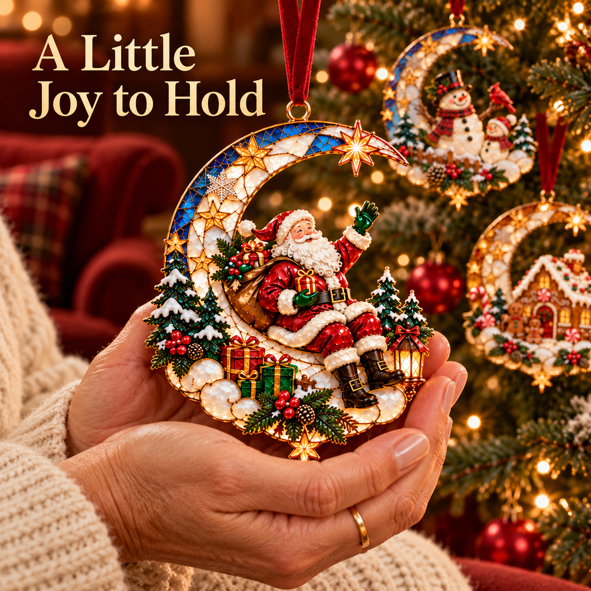 🌙 Moonlit Christmas – 6-Piece Storybook Crescent Moon Ornament Set