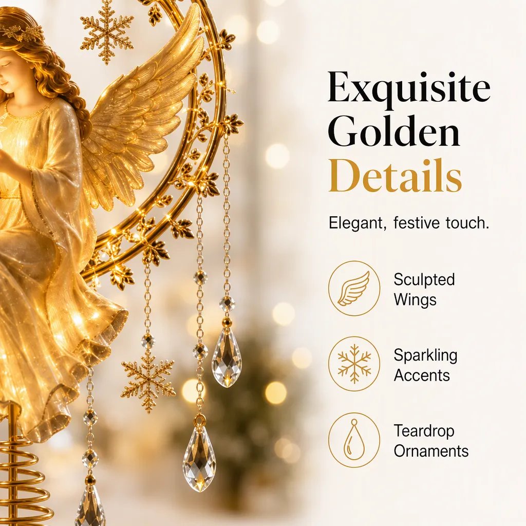 👼 Golden Angel Christmas Tree Topper – Warm LED Glow & Sparkling Details