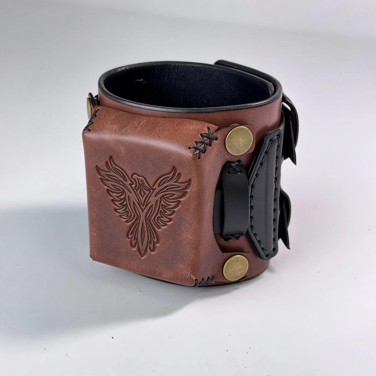 Leather Cuff Watch Strap with Personalized Flap, Brown Wide Handmade Watch Band for Apple