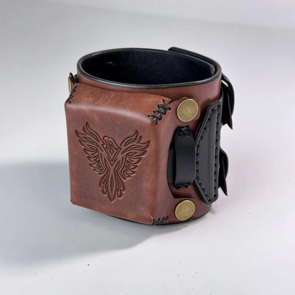 Leather Cuff Watch Strap with Personalized Flap, Brown Wide Handmade Watch Band for Apple