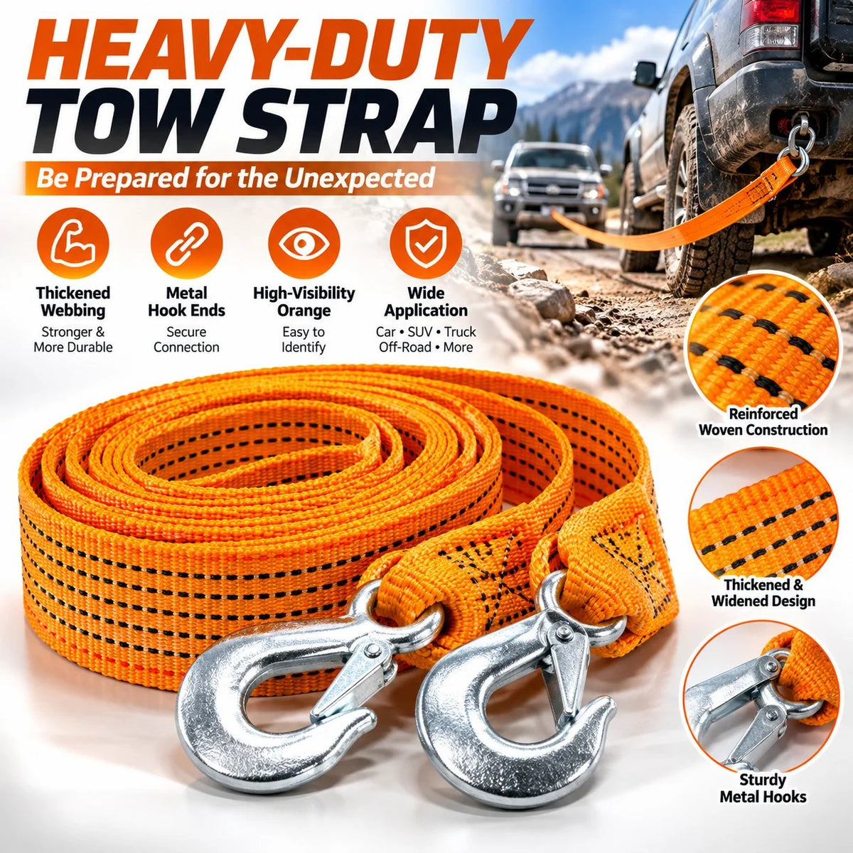 🚗 Heavy-Duty Tow Strap with Metal Hooks – Thickened High-Strength Vehicle Towing Rope