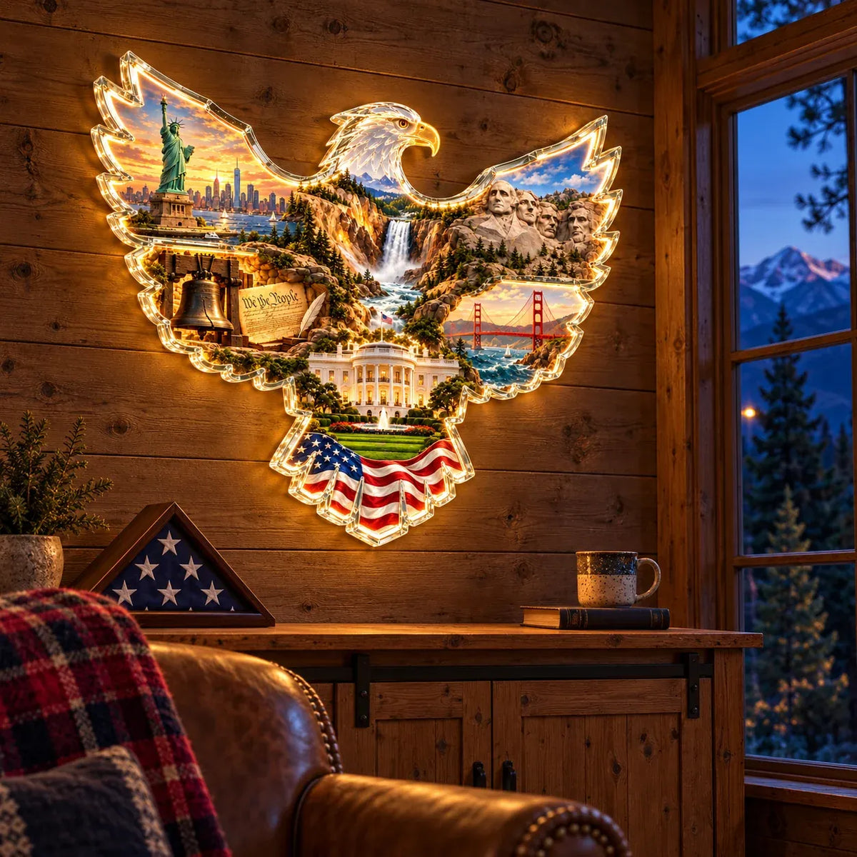 🦅 American Heritage Light-Up Eagle Wall Art – 6 Iconic U.S. Landmarks 🇺🇸