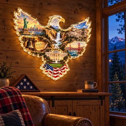 🦅 American Heritage Light-Up Eagle Wall Art – 6 Iconic U.S. Landmarks 🇺🇸