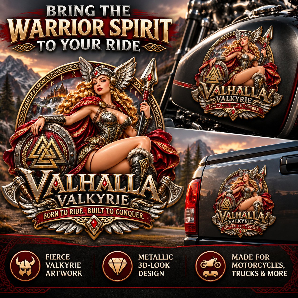 Valhalla Valkyrie emblem presented on a black motorcycle tank and dark pickup truck tailgate with the warrior-spirit artwork