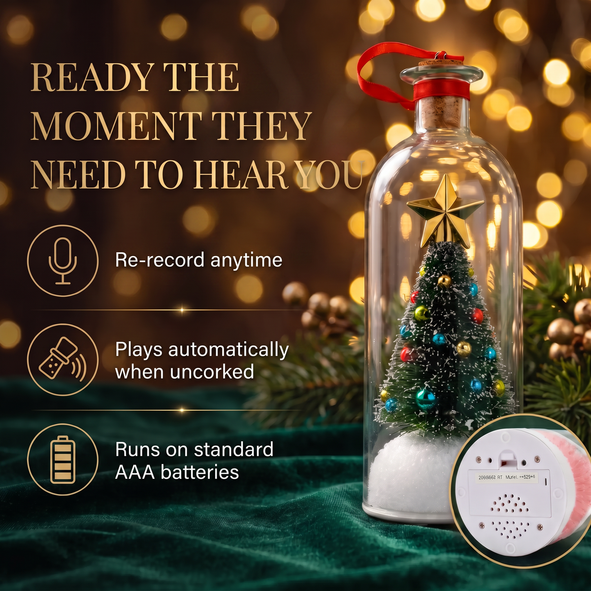 A clear glass bottle holiday ornament with a miniature Christmas tree inside, topped with a gold star and a red hanging loop. The bottle sits on a dark green velvet surface with festive pine branches and warm golden bokeh lights in the background.