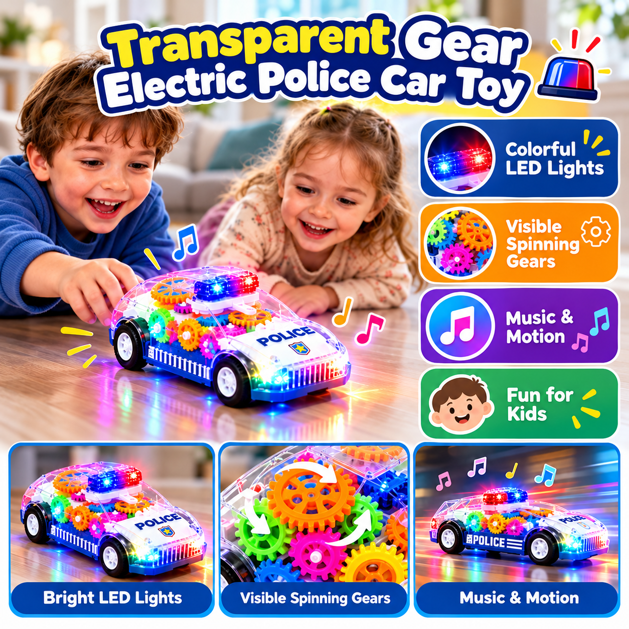 Toy police car showing LED lights colorful gears and music features
