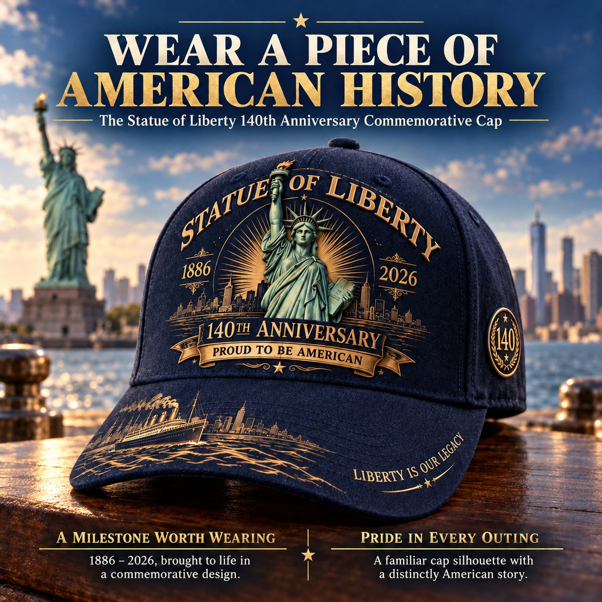 💝LAST DAY 49% OFF - 🗽 Statue of Liberty 140th Anniversary 1886–2026 – Premium Embroidered Heritage Cap | Cotton-Poly Blend • Detailed Embroidery • Adjustable Fit 🇺🇸