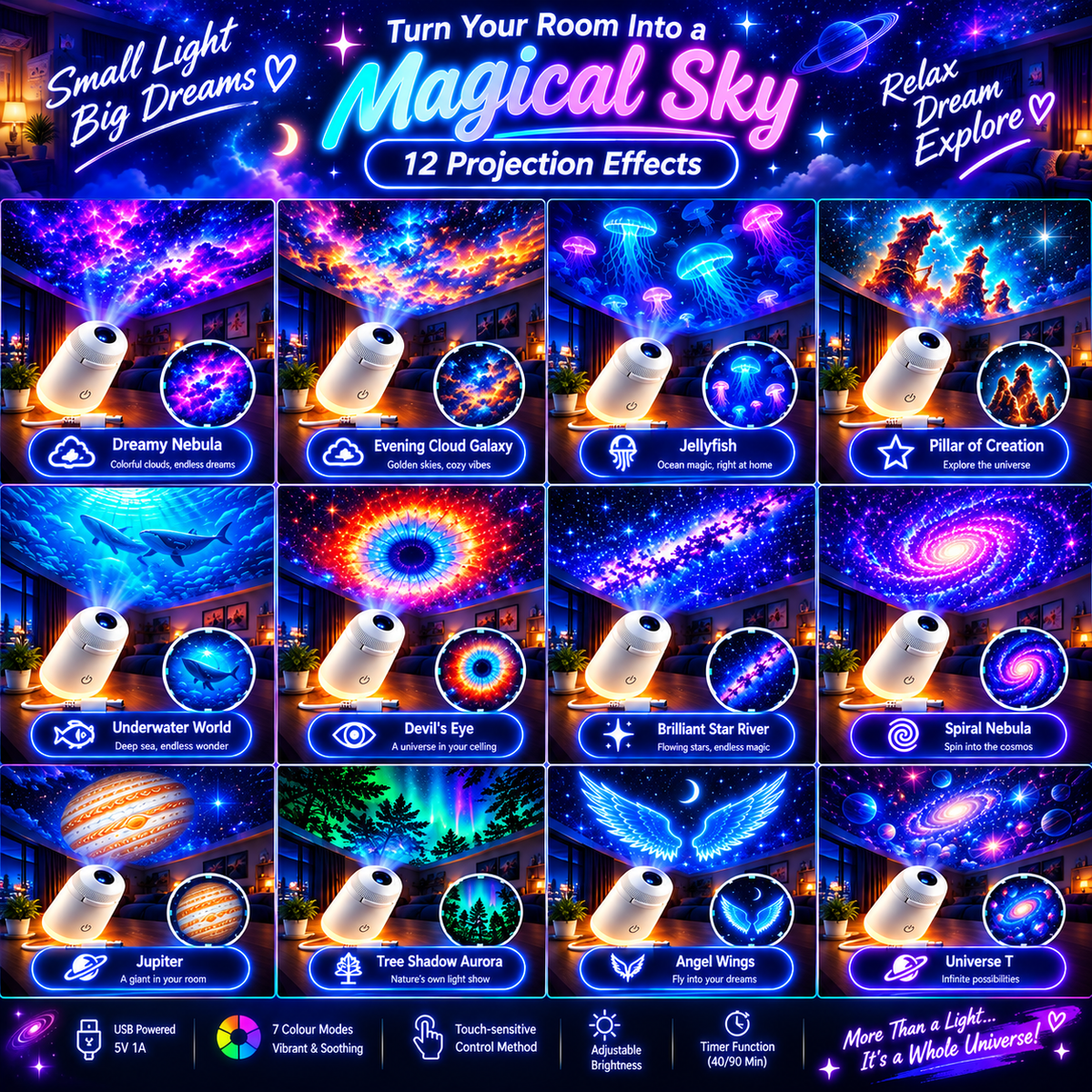 🌌 Starry Sky Projector Night Light – USB-Powered Ambient Lighting for Bedrooms & Nurseries ✨