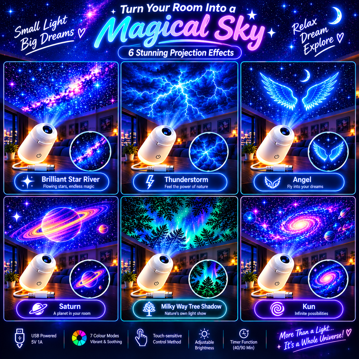 🌌 Starry Sky Projector Night Light – USB-Powered Ambient Lighting for Bedrooms & Nurseries ✨