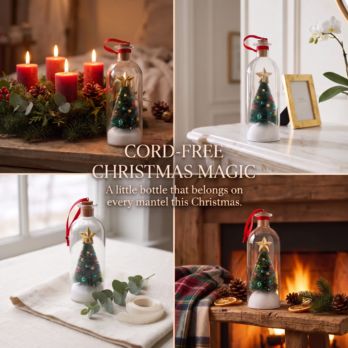 A four-panel collage showcases a cord-free Christmas ornament in a clear glass bottle. The ornament features a miniature green Christmas tree with gold ornaments and a gold star, set in white faux snow with a red hanging loop.