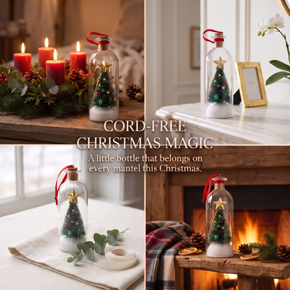A four-panel collage showcases a cord-free Christmas ornament in a clear glass bottle. The ornament features a miniature green Christmas tree with gold ornaments and a gold star, set in white faux snow with a red hanging loop.