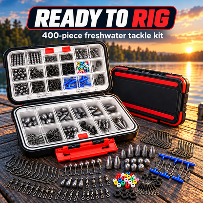 400-piece freshwater terminal tackle kit in open and closed views