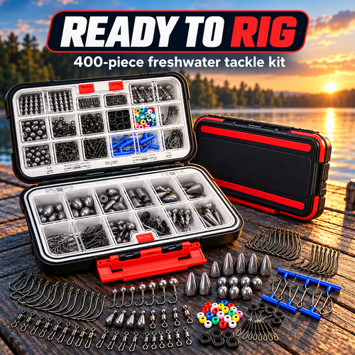 400-piece freshwater terminal tackle kit in open and closed views