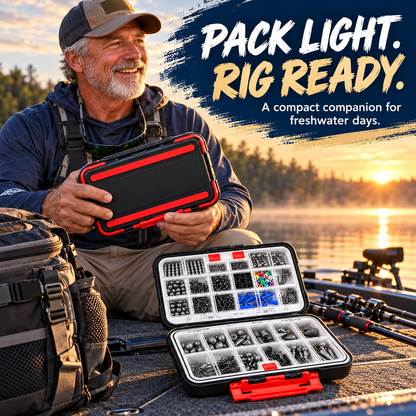 Angler with the compact 400-piece fishing tackle case