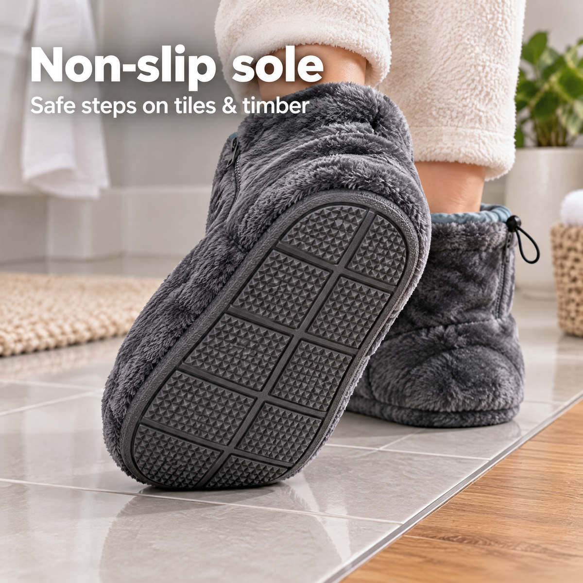 Non-slip TPE sole of the heated slipper boot on tiles and timber